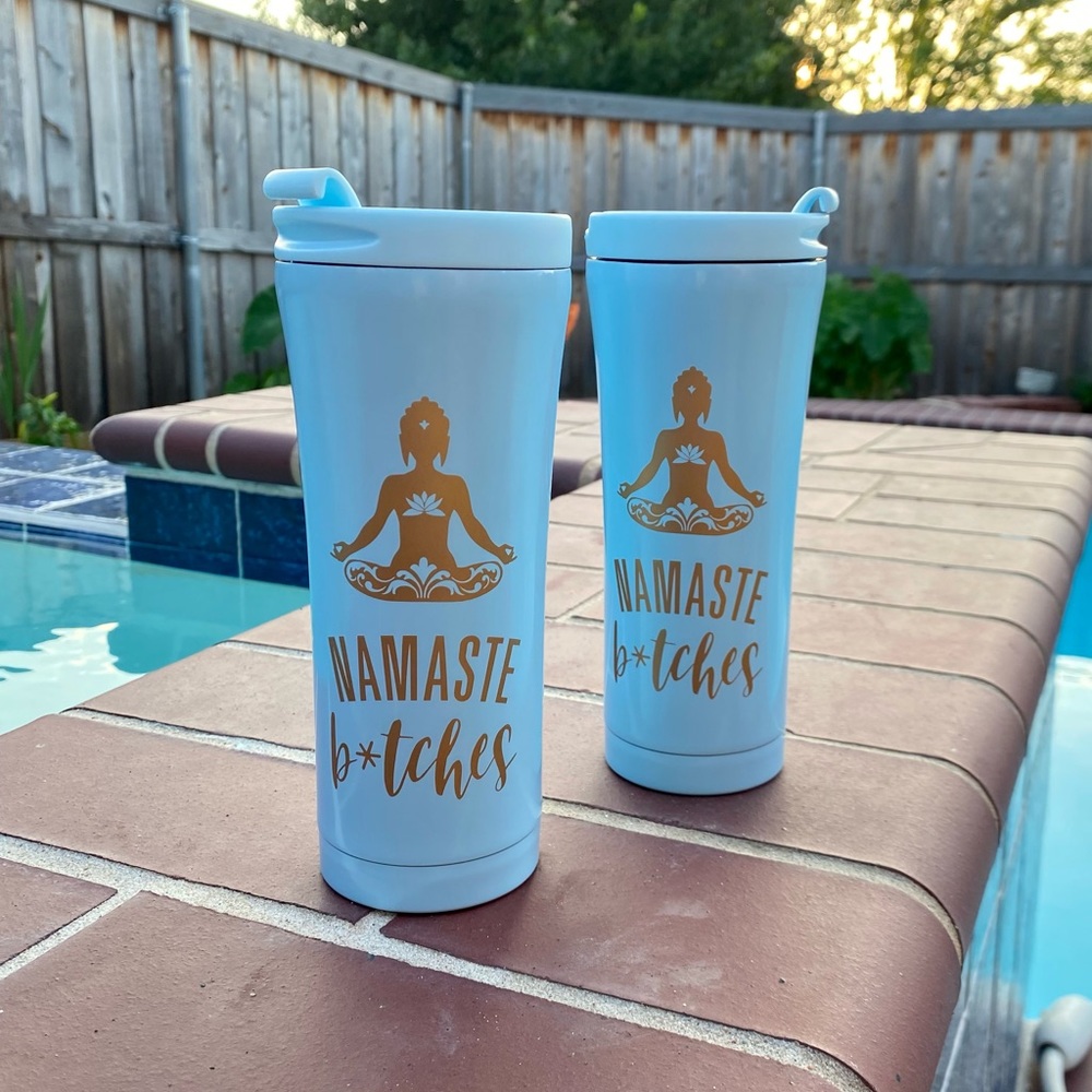 Baby Blue Tumbler, Namaste. Convenient lid that flips open and closed.